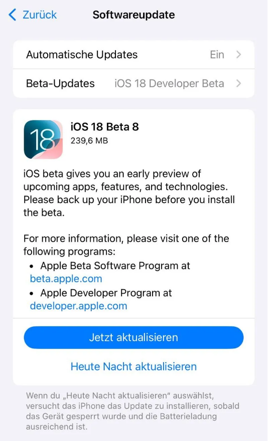 腾冲苹果手机维修分享苹果 iOS / iPadOS 18 开发者预览版 Beta 8 发布 